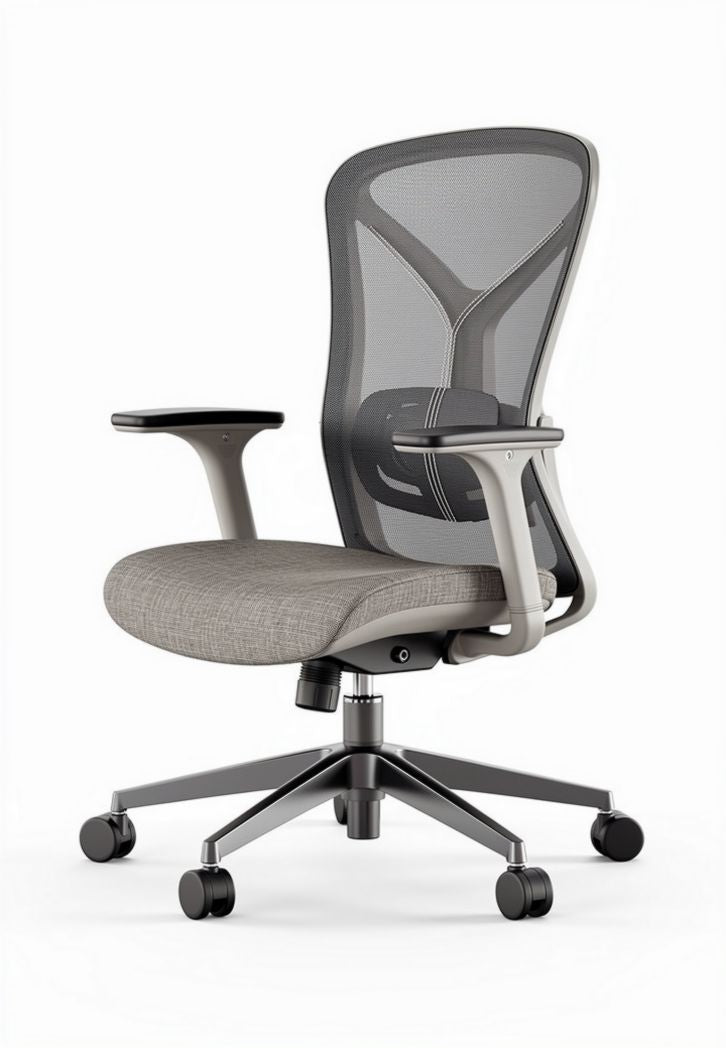 Mesh ergonomic office chair with adjustable height and gray fabric upholstery