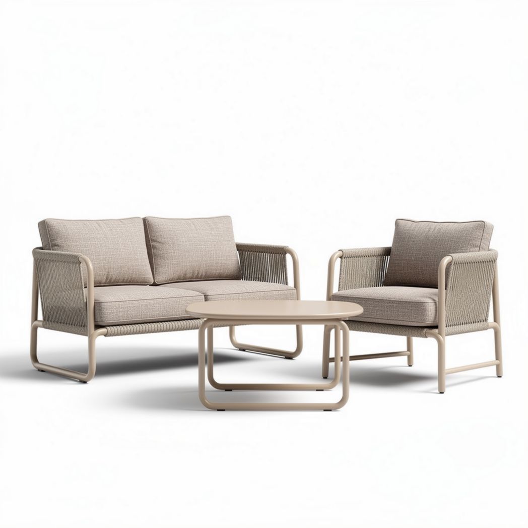 Outdoor patio seating set with beige cushions and aluminum frame