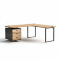 Modern L-shaped office desk with storage drawer in oak and black finish 150 x 150 x 75cm