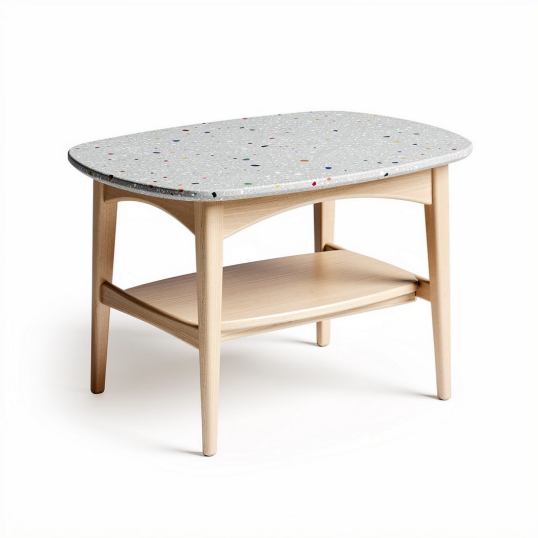 Terrazzo top coffee table with wooden legs and lower shelf 70 x 50 x 45cm