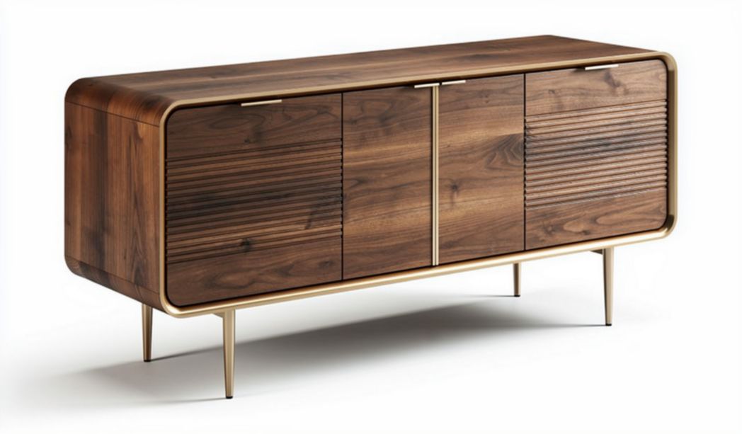 Wooden sideboard with patterned doors and metal legs 150 x 40 x 70cm
