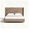 Upholstered bed frame with geometric headboard design in beige color 200 x 160 x 100cm