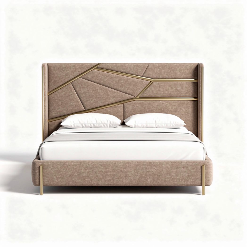 Upholstered bed frame with geometric headboard design in beige color 200 x 160 x 100cm