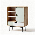 Wooden storage cabinet with green and white doors three shelves and drawer 60 x 40 x 80cm